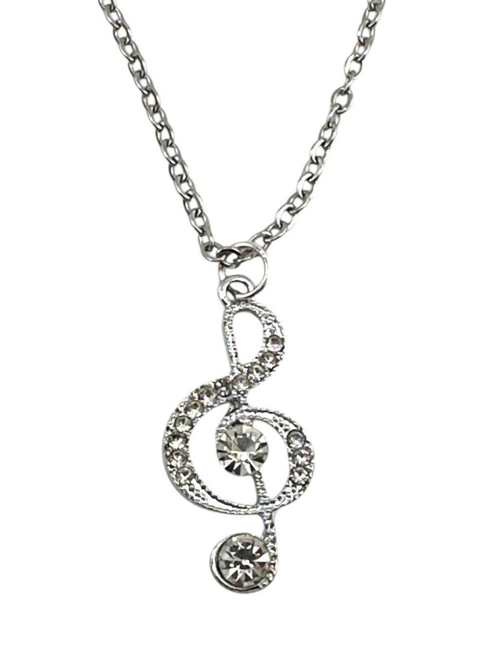 Treble Clef Necklace Rhinestone Pendant Diamond Cut Stainless Steel Chain